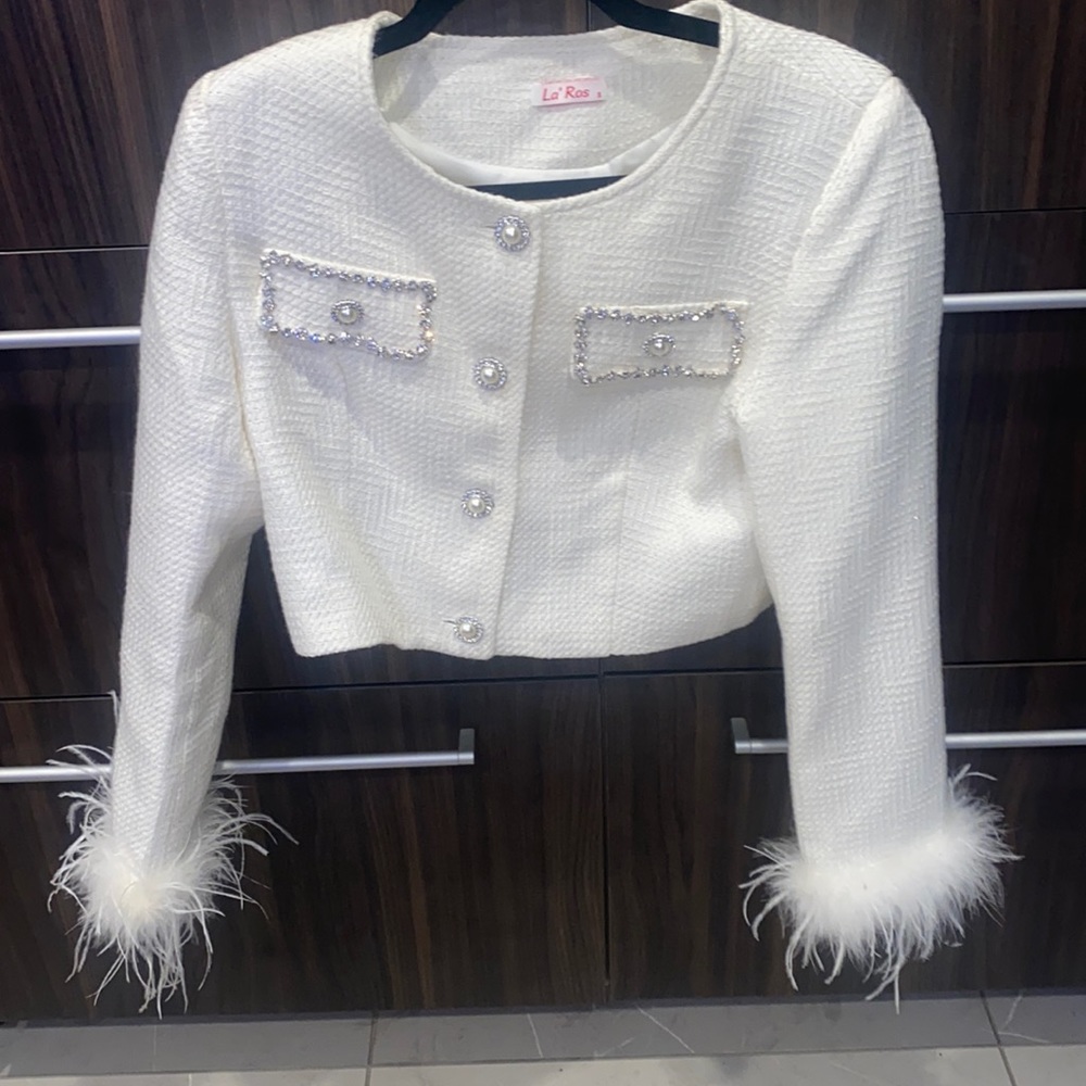la ros white button down furry jacket sky rhinestone